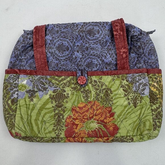 Handcrafted Multi-Color Quilted Fabric Tote Bag Zipper Closure Button Pockets - Picture 15 of 16